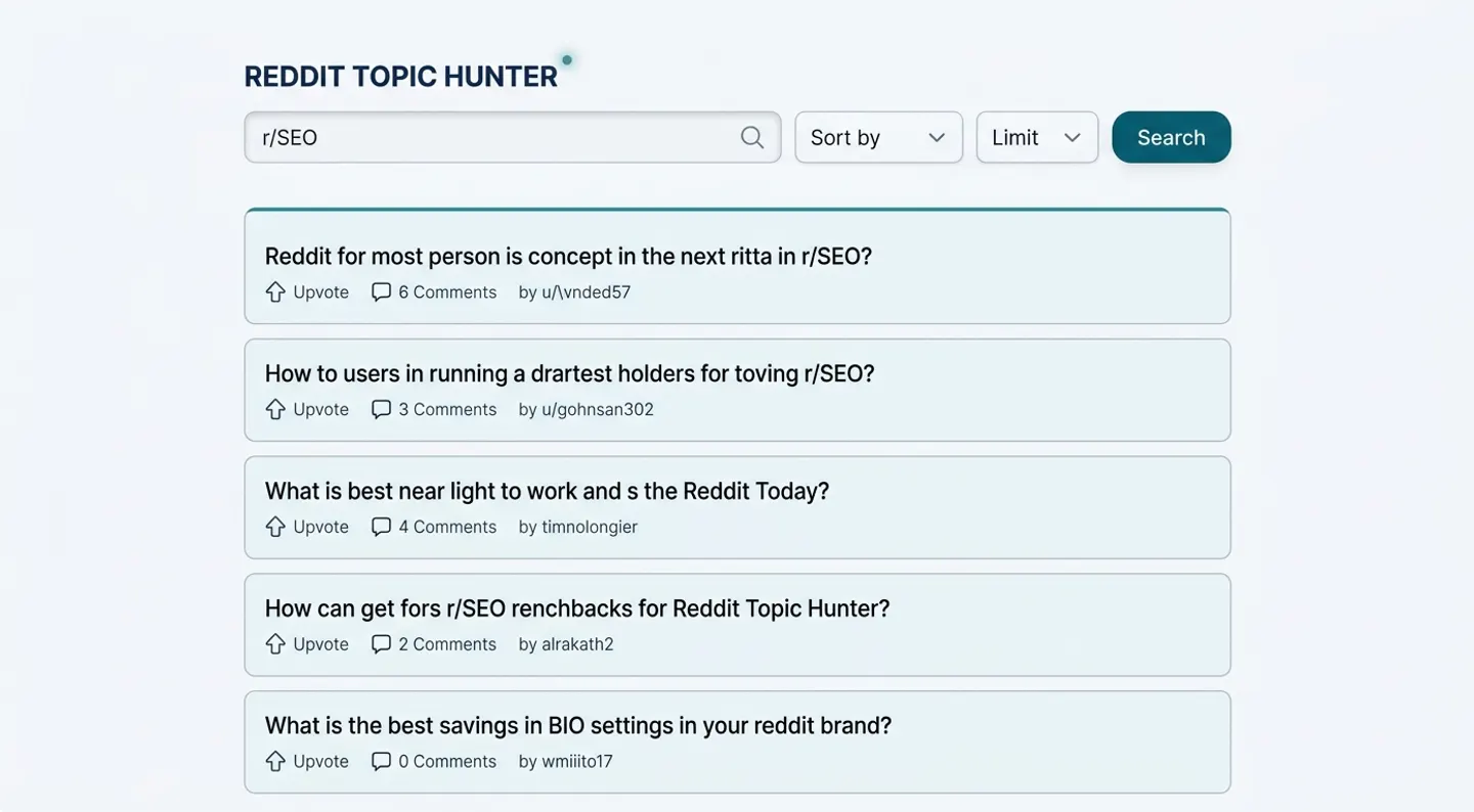 Reddit Topic Hunter showing ranked posts from a subreddit with score and comment counts